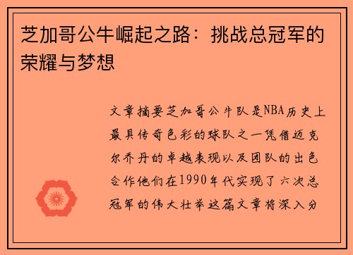 芝加哥公牛崛起之路：挑战总冠军的荣耀与梦想