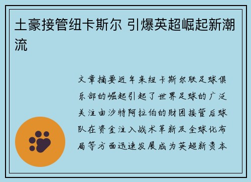土豪接管纽卡斯尔 引爆英超崛起新潮流